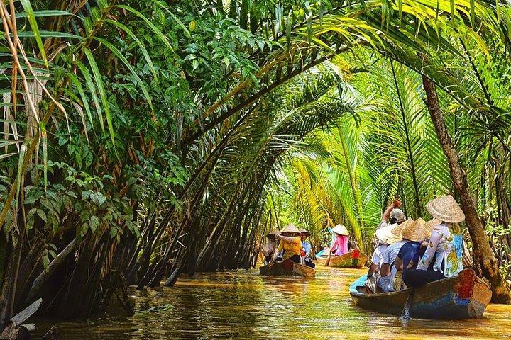A small boat moving beneath palms on a Mekong Delta waterway
